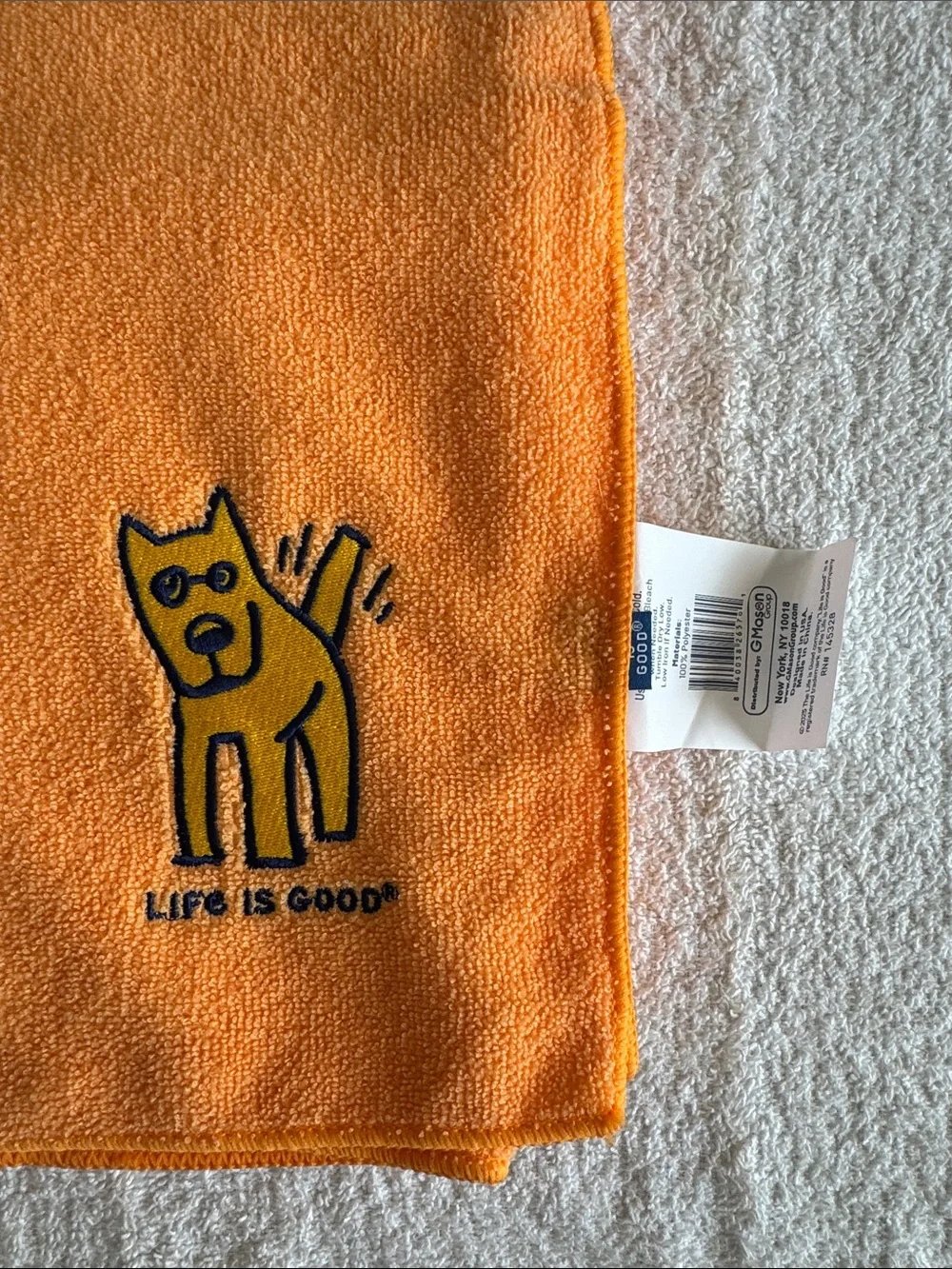 Life Is Good Orange Pet Drying Towel with Embroidered Dog